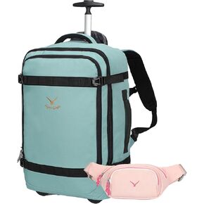 Hynes Eagle Rolling Backpack 42L Backpack with Wheels Airline Approved Carry on Luggage Laptop Travel Backpack for Women Men Mint Green with Waist Pack Pink