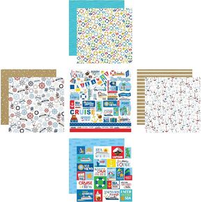Cruise Scrapbook Paper - with Cruise Ship Stickers - Cruise Scrapbooking Paper with Anchors, Helm, Cruise Phrases Design - Cruise Ship Scrapbook Supplies for Travel Journal, Album, DIY Craft - 5 Items