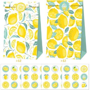 Cieovo 24 PCS Lemon Party Fies Fire Paper Gift Facs ، Goodie Candy Bags Kraft Treat Paper مع ملصقات للليمون الصيفي
