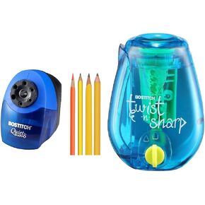 Bostitch Electric Pencil Sharpener with 6 Sizes and 3 Hole Punch, 40 Sheet Capacity, EZ Squeeze Technology, Blue and Silver