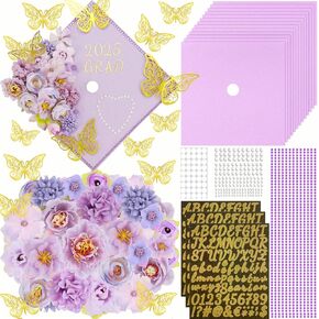 51 PCS DIY Grad Grad Cap Decoration Kit - 12 ورقة بناء كريمة مع رؤوس زهرة اصطناعية ثلاثية الأبعاد الفراشة اللؤلؤ ملصقات راينستون للاصطدامات DIY قبعة Topper (الأرجواني الخفيف)