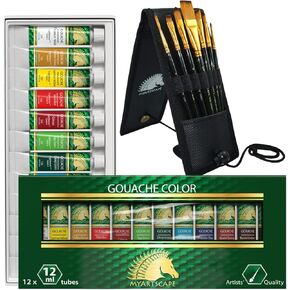 MyArtscape Supplies Paint Set - Gouache 12 x 12ml Paint Tubes with Pocket Paint Brush Set - 7 Artists' Paintbrushes - Set 1