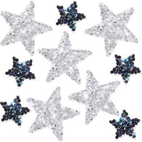 Pagow 10pcs Star Iron on Patches ، Plitter Rhinestone stars stares ، الحديد اللامع على بقع النجوم من أجل القبعات جينز جاكيتات إصلاح ديكور (Silver 1.57 "، أسود 0.98")