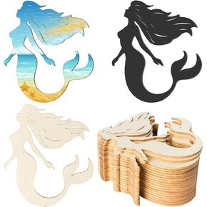 20Pcs Unfinished Mermaid Shaped Wood Mermaid Tag Hanging Wood Cutout Blank Wood Slices Wooden Tags for Beach and Nautical Decor Christmas Holiday Wedding Birthday Party Decoration