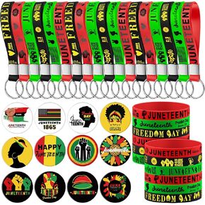 Sotiff 72 Pcs Juneteenth Day Party Favors Set Includes 24 Rubber Bracelets 24 Keychain 24 Button Pins 25mm for African American Themed Juneteenth Day Themed Party Decoration Supplies