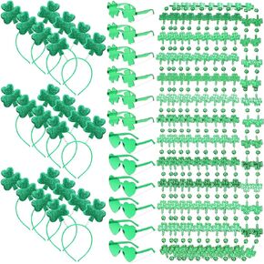 Crowye 36 Pieces St. Patricks Day Party Favors Set Including 12 Shamrock Glasses 12 St Patricks Day Necklace 12 Headbands for Adults Party Decoration(Combine)
