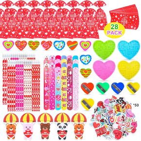 28 Pack Valentines Gifts for Kids: 222 PCS Valentines Stationery Set with Pencils, Erasers, Stickers, Cards, Slap Bracelets, Mazes & Gift Bags