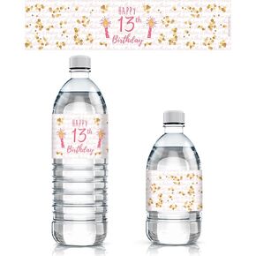 13th Birthday Water Bottle Labels – 24 Pink & Gold Waterproof Stickers for Girls Birthday Party Decorations, Supplies for Teen 13 Year Old Celebration