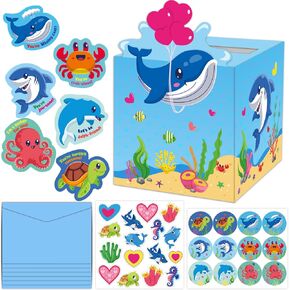 111 PCS Valentines Day Cards Kit للأطفال وصندوق البريد لتبادل الفصول الدراسية ، فاليدنز Sea Animals Party Favor