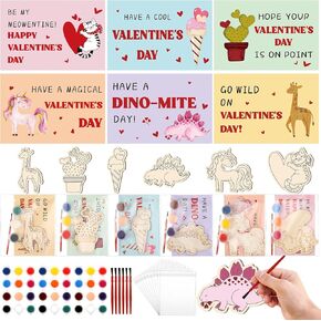 24 Pack Valentine‘s Day Gifts for Kids Valentine's Puns Cards with Wood Painting Craft Kits Paint Set Exchange Gift for Classmates Party Favor Goody Bag Filler
