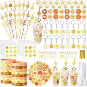 remouuly 179 PCS الرحلة الأولى حول الشمس ، Bohemian Hippie Sunshine Mission Party Party Consults Coups Straw Straw Keychain Bracelet Bracelet Starges for Baby Shower Birthday Party Gifts ، يقدم 16