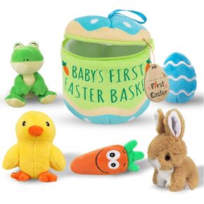 My Baby's First Easter Basket Stuffers, 6ct Stuffed Plush Bunny Chick Carrot Egg Frog Easter Basket Goody Playset, Personalized Easter Gifts for Babies Kids Girls Boys Infants Decorations