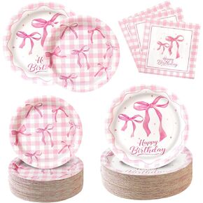 180PCS Pink Bow Birthday Party Supplies, Coquette Birthday Party Tableware Set Serve 60 Includes Disposable Paper Plates and Napkins for Pink Girls Birthday Party Decorations