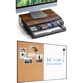 Arcobis Wood Monitor Riser مع الأدراج و Cork Board White Board Combo ، لوحة إعلانات 36 × 24 بوصة