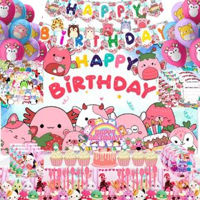 201 Pcs Birthday Party Supplies, Cute Party Decorations for Boys Girls, Pink Cartoon Strawberry Animal Theme, Include Birthday Banner, Backdrop, Table Cloth, Sticker, Cake Topper, Balloons