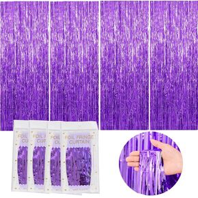 4 Pack Purple Foil Fringe Backdrop ، Surtain Party Streamers ، 3.3ft × 6.6 قدم من ستائر بهرج لامعة للحفلة ، حفلة ، عيد ميلاد ، حفل زفاف ، التخرج ، عيد الميلاد.