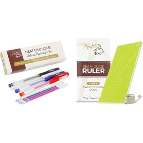 Madam Sew Seam Allowance Ruler | Includes 1/4" Pivot Point and 45 Degree Trim Line - Heat Erasable Fabric Marking Pens | Quilting, Sewing, Crafts and Dressmaking I 4 Assorted Colors with 4 Refills