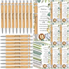 Zhanmai 50 Sets Safari Baby Shower Favors Includes Bamboo Pens and Thank You Cards Silver Cable Ties Jungle Safari Woodland Baby Shower Decorations Gender Reveal for Guest Prizes