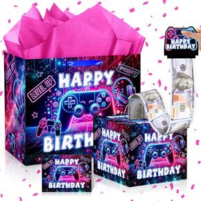 Game Theme Birthday Gift Bags Video Game Gift Wrapping Paper Bag with Card and Tissue Paper Video Game Birthday Favor Bag for Boys Girls Kids Christmas Game Theme Birthday Party Decoration Supplies