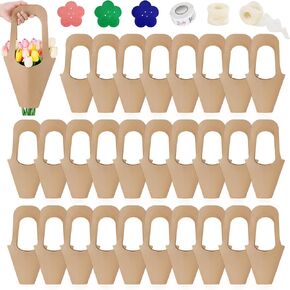 50 PCS Kraft Paper Flower Flower Flowers حقائب مع مقبض ، أكياس باقة معلقة مع ملصق الشريط Rose Thorn Remover ، حقيبة الورق المخروطية المخروطية لحفل التخرج من الزفاف (ورقة Kraft)