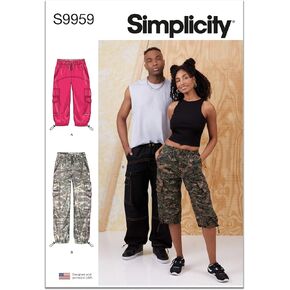 Simplicity SS9959A Unisex Casual Cargo Pants Sewing Pattern Packet, Design Code S9959, Sizes XS-S-M-L-XL-XXL, Multicolor