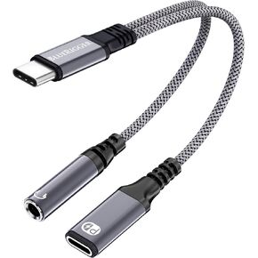 محول سماعة رأس وشاحن BlueRigger USB C إلى 3.5 مم (منفذ شحن سريع 2 في 1 USB-C PD إلى AUX Audio Jack Dongle، النوع C 2.0، كابل USBC إلى Mic Jack PD) - متوافق مع الهاتف والكمبيوتر المحمول وسماعات الأذن