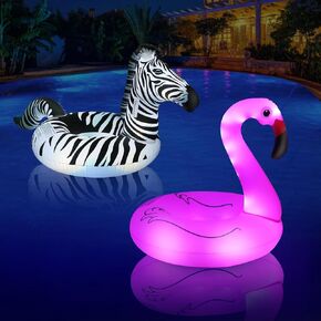 Inflatable Zebra Pool Float with Lights + Flamingo Pool Floats with Lights