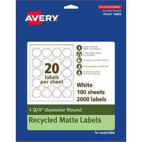 Avery EcoFriendly Matte White Recycled Round Labels, 1.75" Diameter, Print-to-The-Edge, Matte White Labels, Permanent Label Adhesive, Laser/Inkjet, 200 Printable Labels
