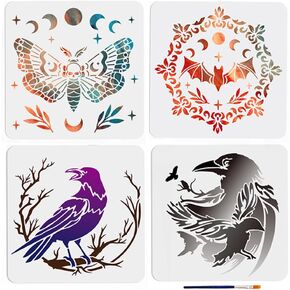 Mayjoydiy 4pcs Crow Bat Moth Stencil 11.8 × 11.8 بوصة من الإستنسل العرفي الفرع الكبير مع فرشاة الطلاء هالوين قمر القمر قالب الخفافيش للنسيج الخشبي نافذة DIY