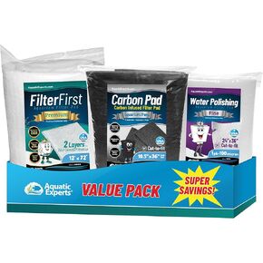 Aquatic Experts FilterFirst 12" x 72" with Polishing Filter Pad 100 Micron-1 Pack and Carbon-Infused Filter Pad 10.5" x 36" Value Pack