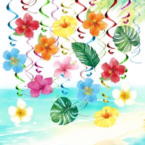 FRIDAY NIGHT Hawaiian Luau Birthday Hanging Swirl Decorations 30 Pieces Flower Tropical Palm Foil Ceiling Decor for Floral Summer Beach Pool Party Supplies