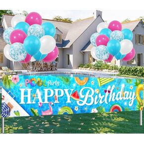 Pool Party Banner Decorations Colorful Happy Birthday Pool Banner Background Summer Themed Hawaiian Outdoor Party Decor with 30 Balloons Birthday Yard Decor Baby Shower Supplies - 9.8×1.9ft