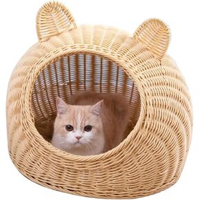 Cat Bed, Washable Hand Woven Breathable Cat House Comfortable Cute Cat Ear for Pets for Small Dogs for Indoor (Beige)