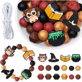 100 Pcs Magical Wizard Silicone Beads Witch Round Hexagon Rubber Loose Beads with Elastic Rope for Halloween DIY Crafts Keychain Jewelry Making