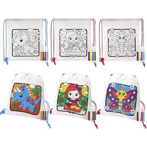 VKPI 6 Pieces Kids Coloring Drawstring Backpacks, Reusable Goodie Bags, Color Your Own Bags with 24 Fabric Markers for Painting Birthday Art Party Favors, Party Supplies Gift, Boys and Girls