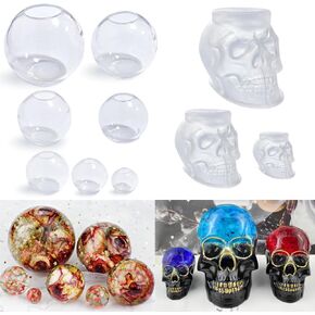 RESINWORLD Set of Large + Medium + Small 3D Skull Resin Molds + Set of 4, 3, 2.5, 2, 1.7, 1.3, 0.9 Clear Silicone Sphere Molds