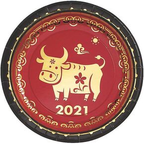 Fun Express Chinese New Year of The Ox Paper Dessert Plates - Party Supplies - 8 Pieces