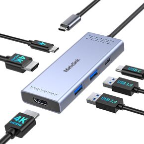 محطة إرساء USB C محول HDMI بشاشة مزدوجة، محور Melelink USB C، محطة إرساء للكمبيوتر المحمول مع منفذي HDMI 4K 60 هرتز، شحن PD 100 وات، USB-C ومنفذين USB-A 3.0، قاعدة USB C لأجهزة MacBook/Dell/HP/Lenovo