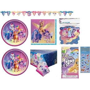 My Little Pony Birthday Party Supplies Bundle Pack includes 16 Lunch Plates, 16 Napkins, 1 Table Cover, 1 Happy Birthday Banner, 1 Dinosaur Sticker Sheets - Serves 16