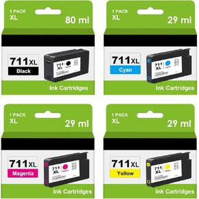 تم إعادة تصنيعها 711 711XL خراطيش حزمة حزمة حزمة مجموعة HP711 XL لـ HP DesignJet T120 T125 T130 T520 T525 T530 (1 أسود ، سيان واحد ، 1 أرجواني ، أصفر ، 4 حزمة)