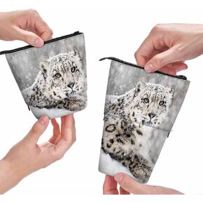 Swono Snow Leopard Pencil Pouch Portal Portrait Snow Storm Stand Up Pencil Case Holder Cosmetics Bag for Women Men
