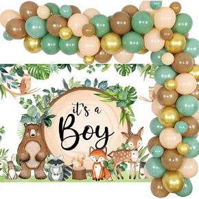 Cheereveal Woodland Baby Shower Decorations for Boy, Woodland Animal Backdrop Balloon Garland Arch Kit, Woodland Creatures Baby Shower Birthday Gender Neutral Party Supplies