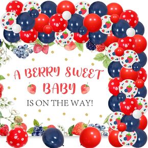 66Pcs Berry Sweet Baby Shower Decorations, Blueberry Strawberry Balloon Garland Arch Kit with a Berry Sweet Baby Is on the Way Backdrop for Girls Fruit Berries Themed Baby Shower Party Supplies