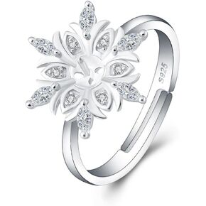 Sterling Silver Cubic Zircon Snowflake Design Adjustable Rings for Women, Design Ring Mounts Fittings with Pearl Seat for DIY Jewelry Making