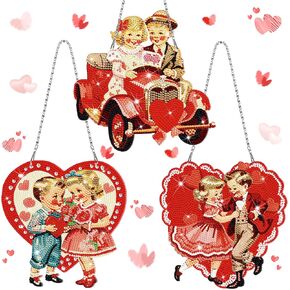 Menkxi 3 Pcs Vintage Valentine‘s DayPainting Kits Hanging Couple DIY Round Diamond Art Kits Heart Shape Ornaments Hanging Sign for Adults Beginners DIY Home Wall