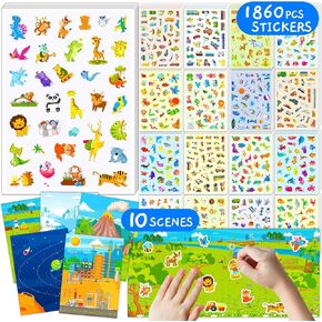 1860pcs kids chids bulk 54 ورقة ملصقات لطيفة للأطفال مع 5 لوحات مشهد DIY ، مجموعة صغيرة من ملصقات الحيوانات للأطفال الصغار الآباء والأمهات