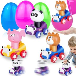 6 PCS Easter Eggs with Cars Inside - 3 Jumbo 6" Easter Eggs + 3 Press and Go Car for Kids Boys Girls,Toddler Basket Essential Stuffers Elephant, Panda, Bear, Eggs Hunt Party Favor Birthday Gifts