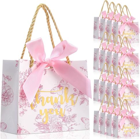 Kolldenn 40 Pcs Small Thank You Floral Gift Bags 5.5''x 2.4''x 4.7'' Pink White Paper Party Favor Bag with Handle Chinoiserie Floral Bag Bulk with Ribbon for Wedding Birthday Bridal Baby Shower in Saudi Arabia