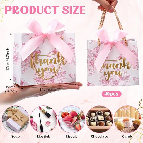 Kolldenn 40 Pcs Small Thank You Floral Gift Bags 5.5''x 2.4''x 4.7'' Pink White Paper Party Favor Bag with Handle Chinoiserie Floral Bag Bulk with Ribbon for Wedding Birthday Bridal Baby Shower in Saudi Arabia