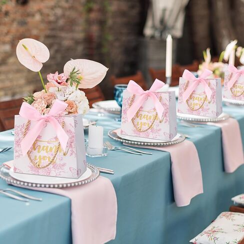 Kolldenn 40 Pcs Small Thank You Floral Gift Bags 5.5''x 2.4''x 4.7'' Pink White Paper Party Favor Bag with Handle Chinoiserie Floral Bag Bulk with Ribbon for Wedding Birthday Bridal Baby Shower in Saudi Arabia